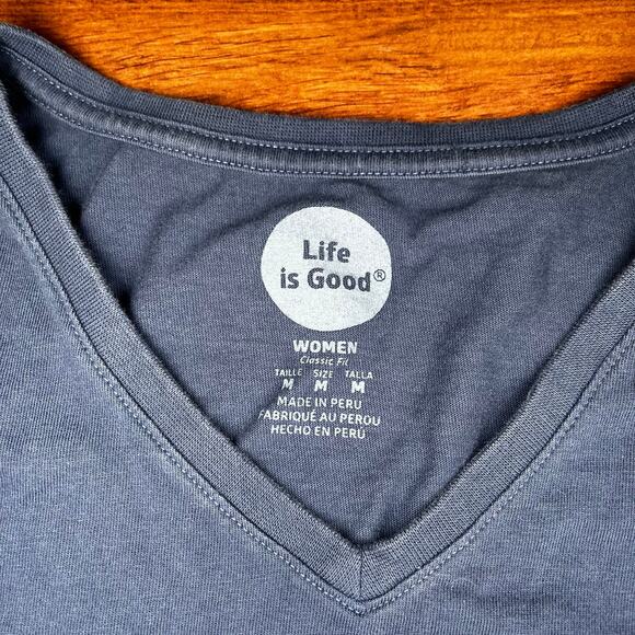 Life Is Good Blue Long Sleeve V Neck Shirt Peace Joyful Beautiful Womens Size M - Picture 3 of 4
